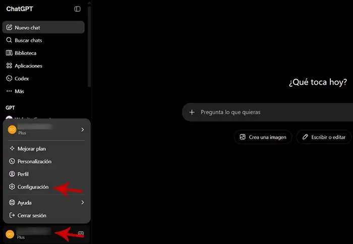 Ir a configuración de ChatGPT en PC