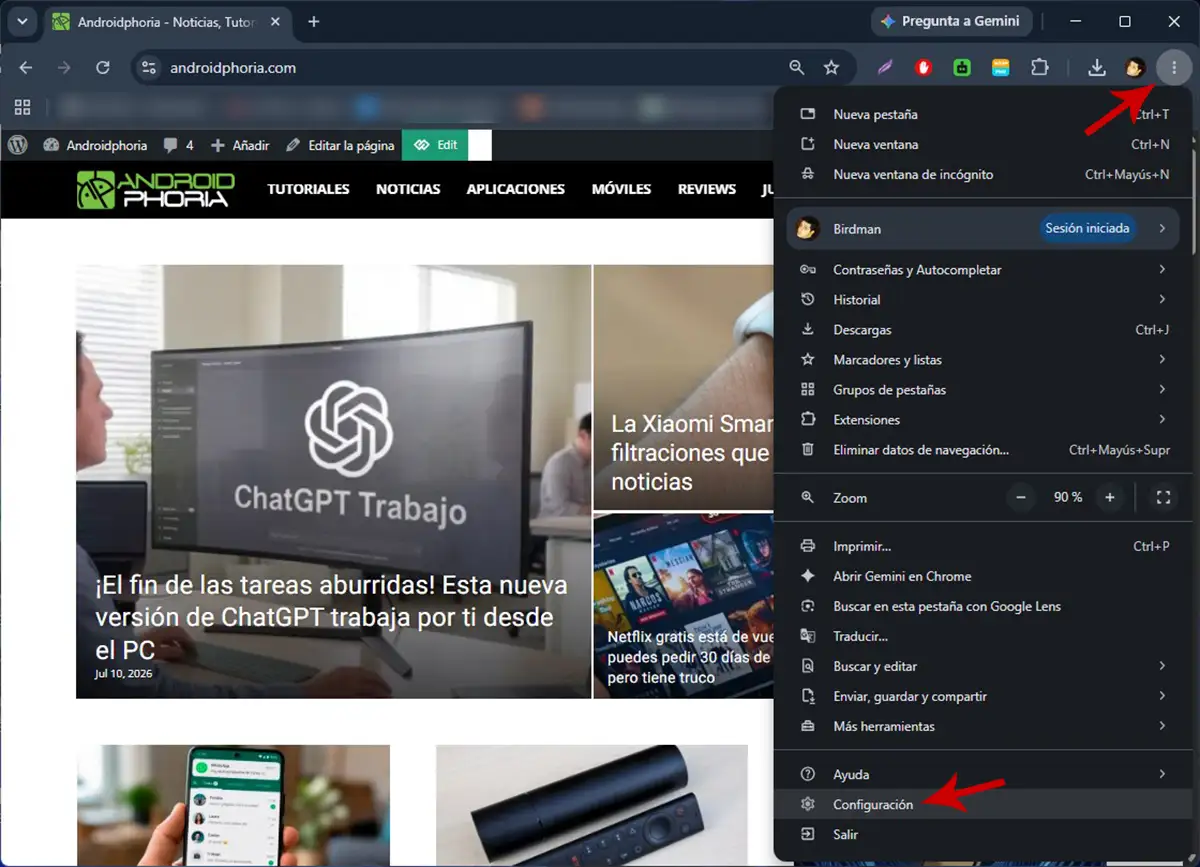 Ir a la configuración de Chrome en PC