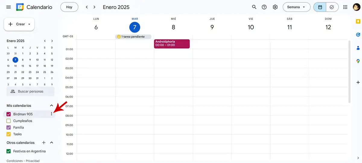 Ir a las opciones del calendario de Google