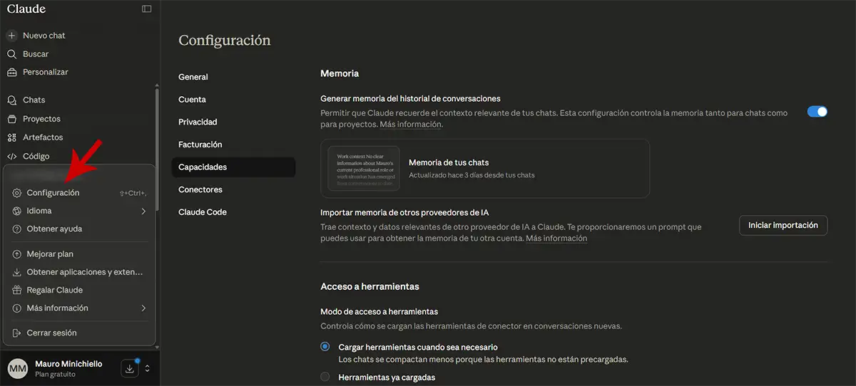 Ir a los ajustes de Claude