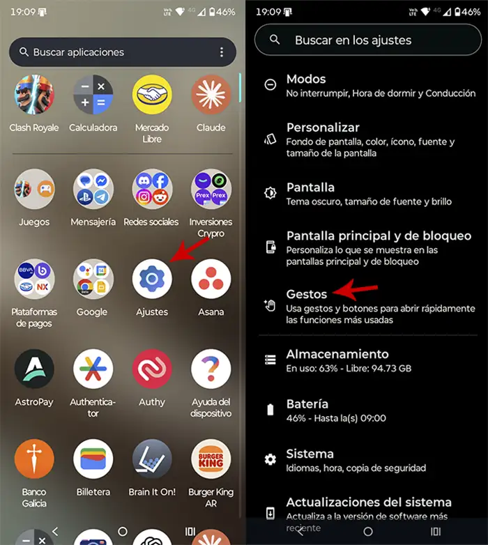 Ir a los ajustes de Gestos en Android