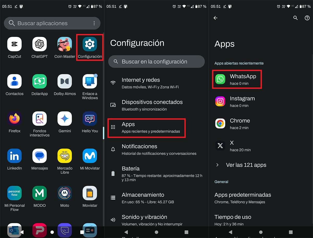 Ir a los ajustes de WhatsApp en Android