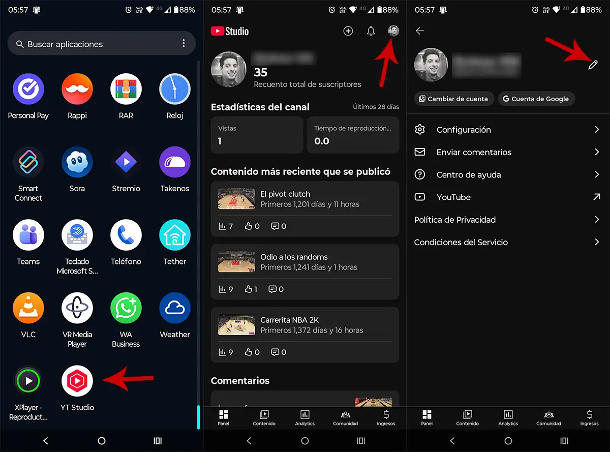 Ir a los ajustes de YouTube Studio desde el móvil