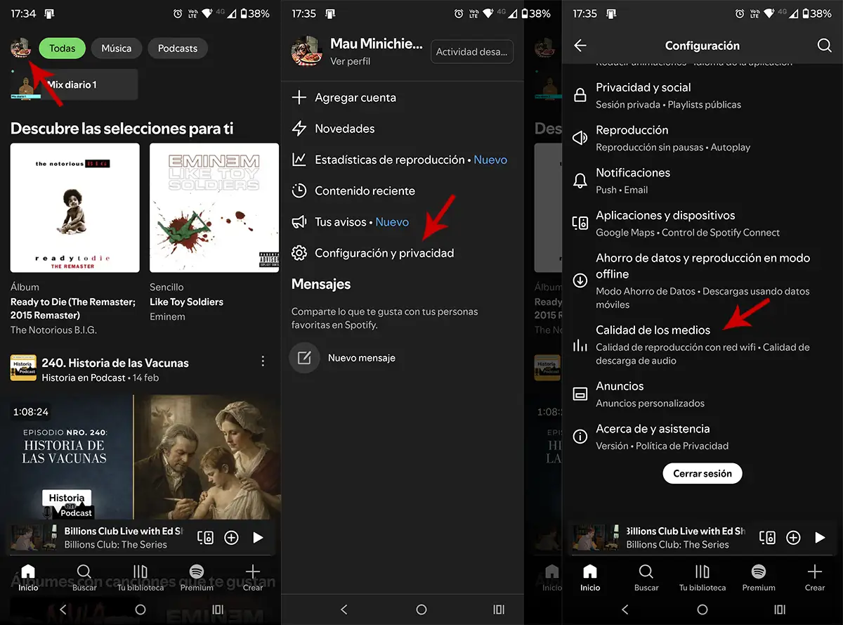 Ir a los ajustes de calidad de canciones Spotify