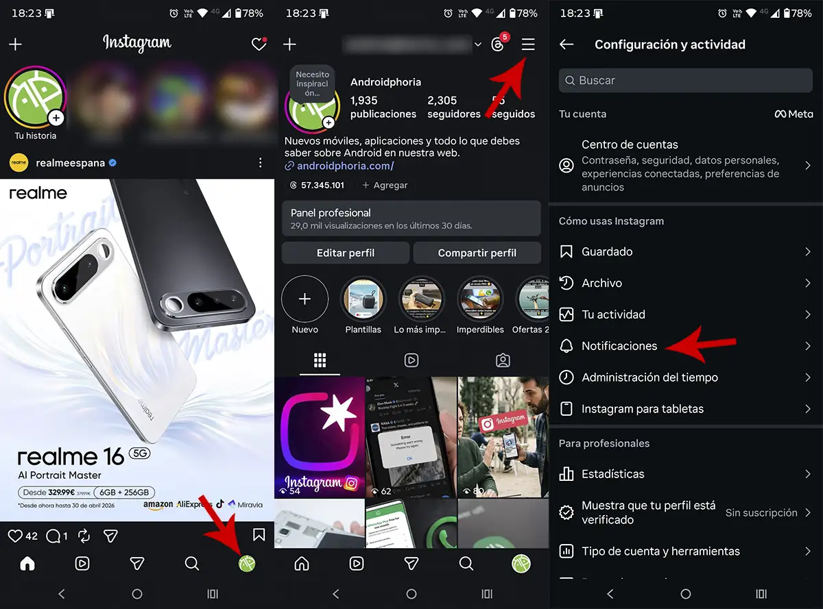 Ir a los ajustes de notificaciones de Instagram