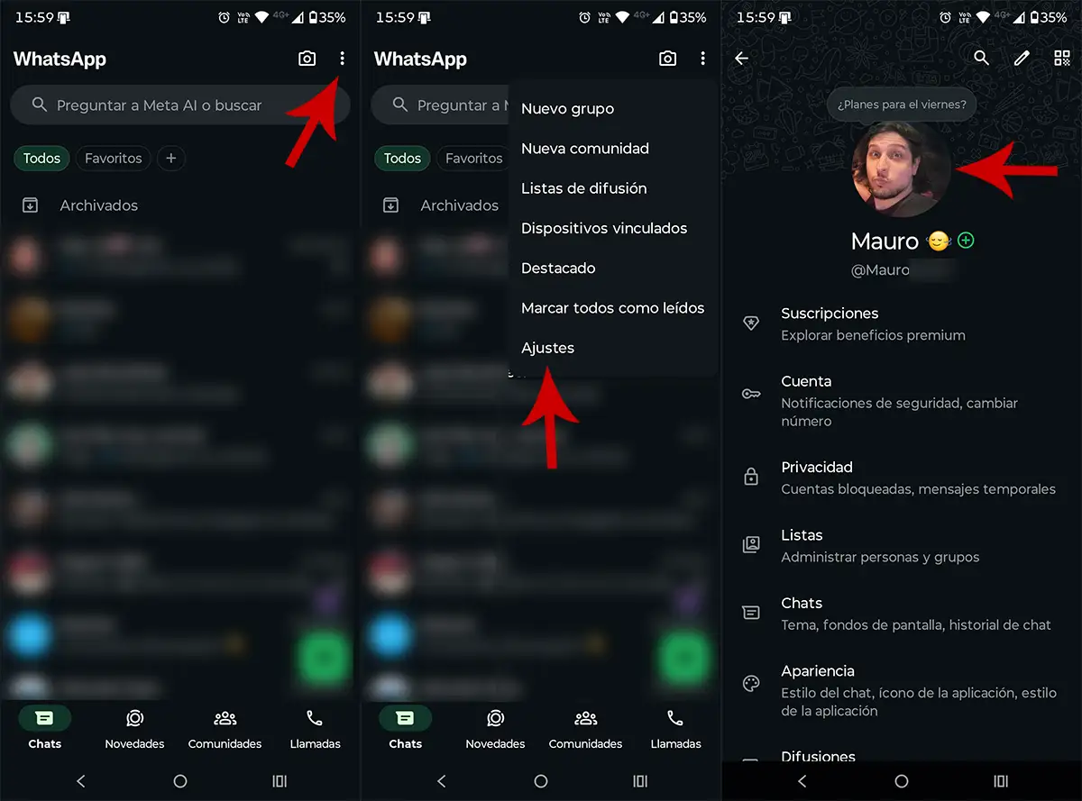 Ir a los ajustes de tu perfil de WhatsApp