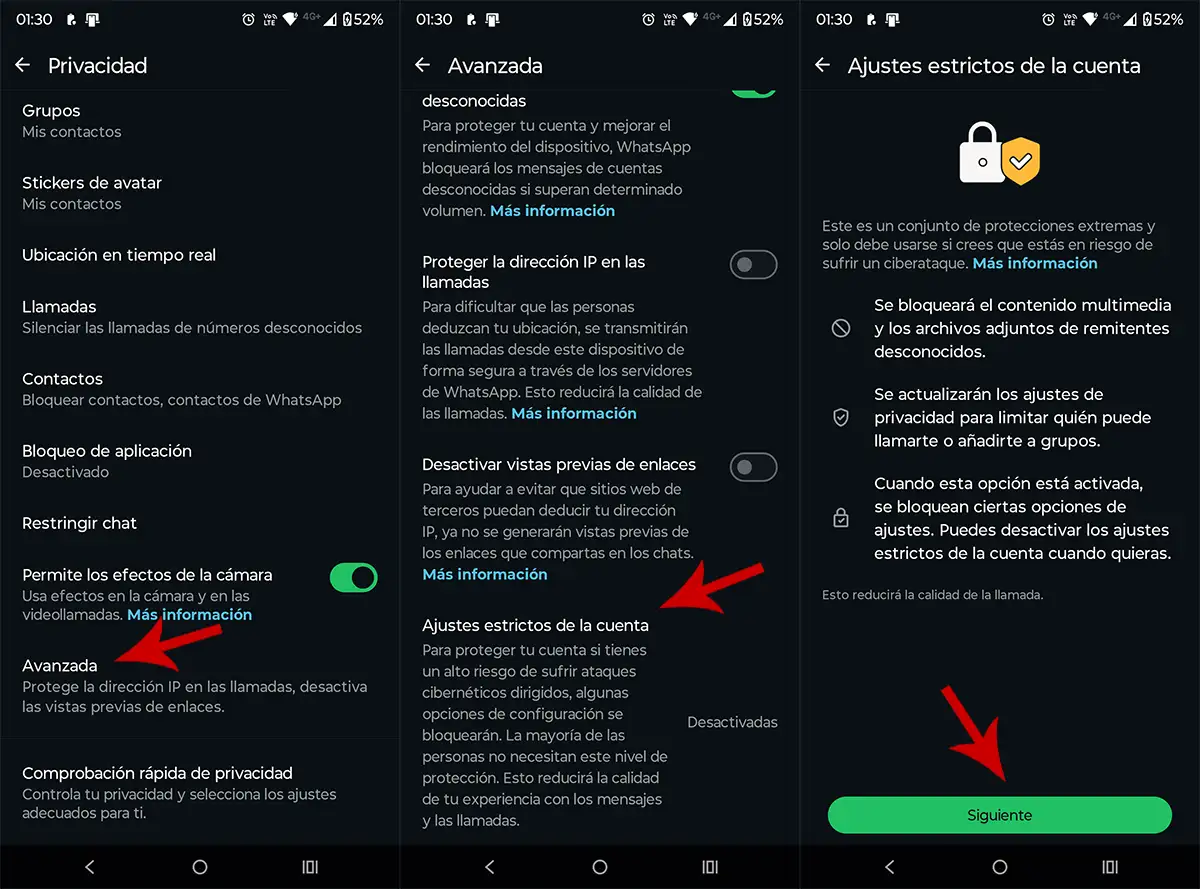 Ir a los ajustes estrictos de la cuenta