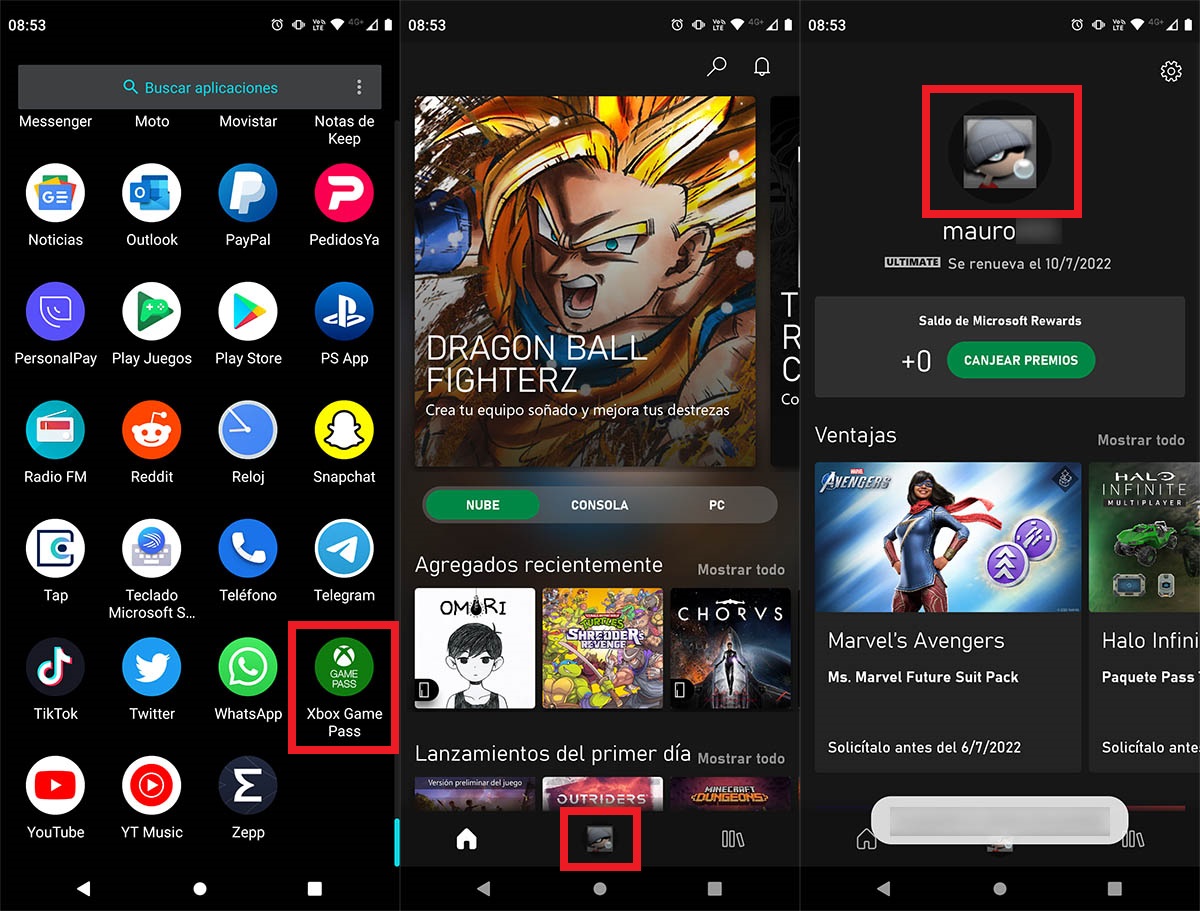 Ir a tu cuenta de Xbox en la app de Game Pass