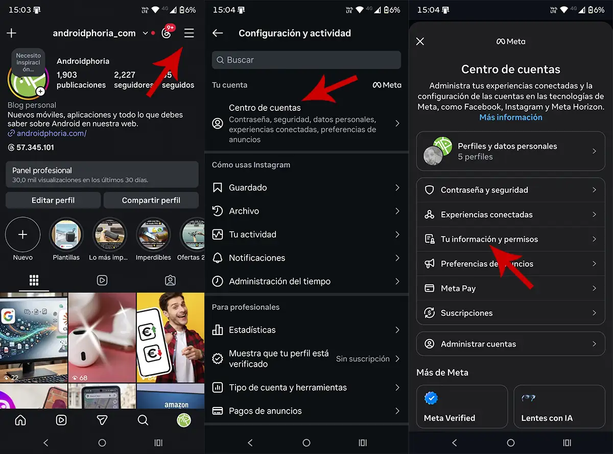 Ir a tu información de Instagram
