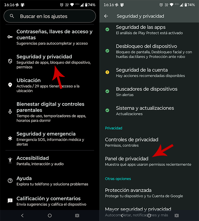 Ir al panel de privacidad de Android