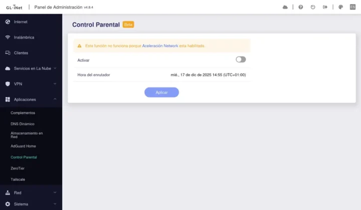 La funcion Control Parental es facil de activar y con ella puedes controlar lo que los peque&ntilde;os ven en Internet GL.iNet Flint 3e