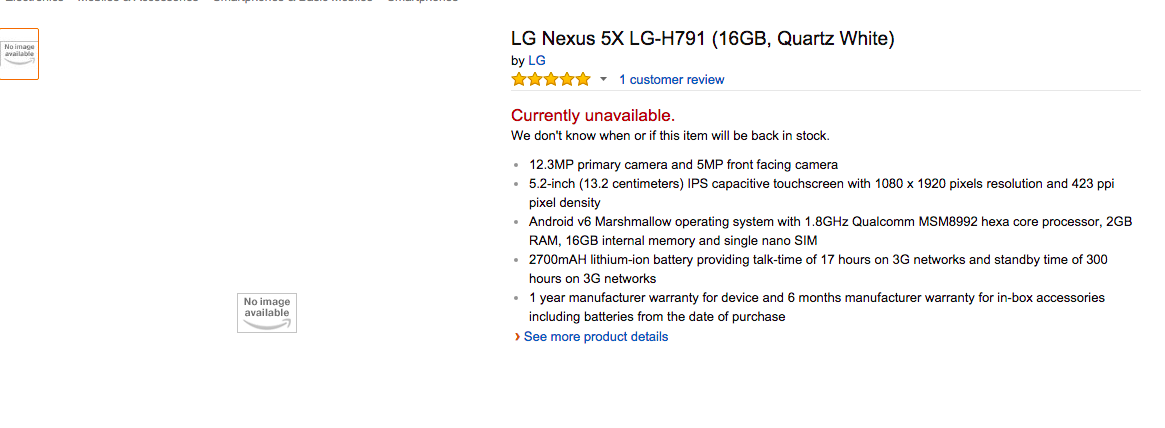 Las especificaciones del LG Nexus 5X aparecen en Amazon 