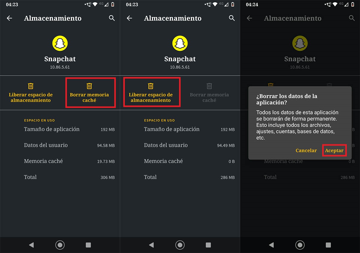 Liberar espacio de almacenamiento Snapchat