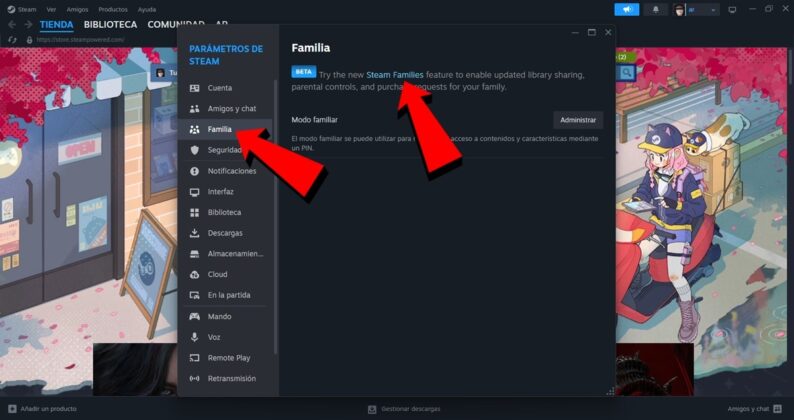 Luego de que se reinicie el launcher, vuele a los Parametros de Steam, ve a Familia y pulsa en Steam Families
