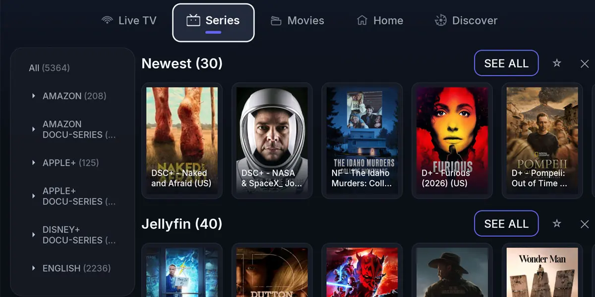Interfaz de Lumora app para ver IPTV en Android Auto gratis