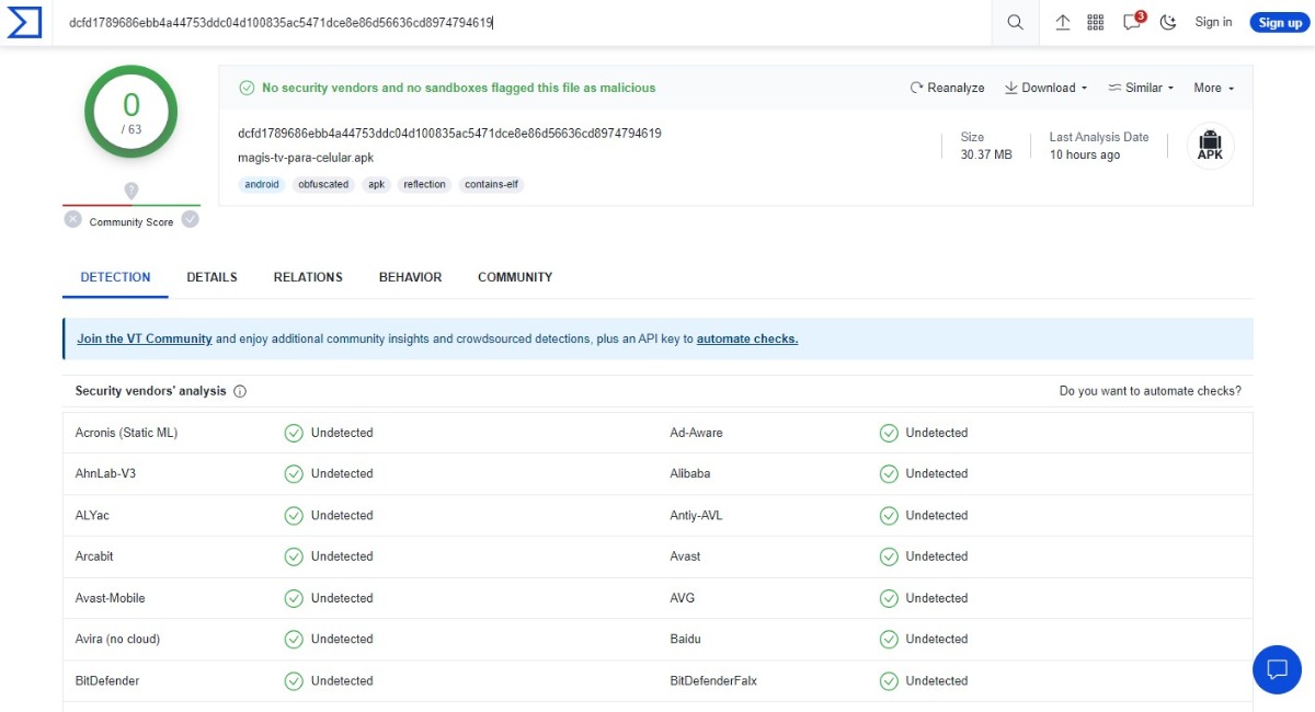 MagisTV APK virustotal