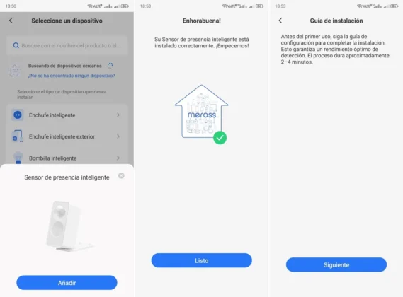 Meross MS605 la app detecta el sensor una vez encendido y te guia en el proceso de instalacion y configuracion