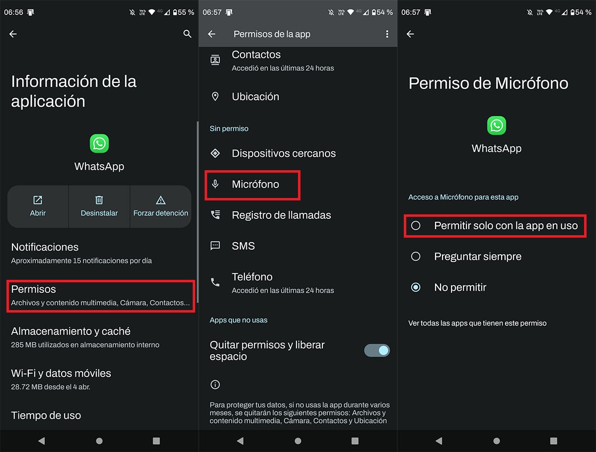 Modificar permisos de WhatsApp