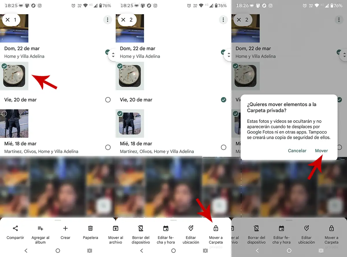 Mover fotos a Carpeta privada Google Fotos
