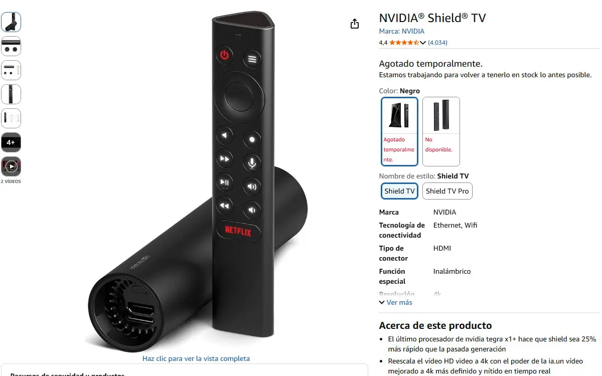 La imagen muestra al NVIDIA Shield TV base agotado temporalmente en Amazon
