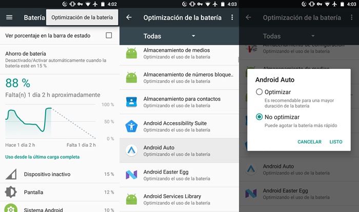 No optimizar aplicación de Android Auto