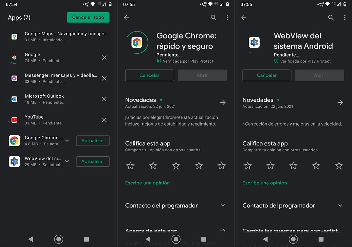 No se puede actualizar Chrome y WebView Android