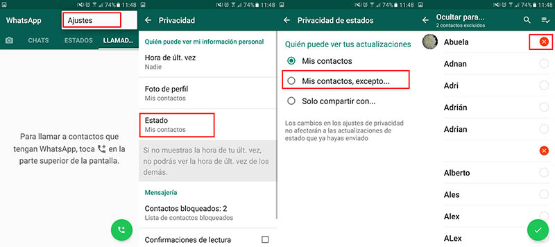 Ocultar estado de whatsapp a un contacto