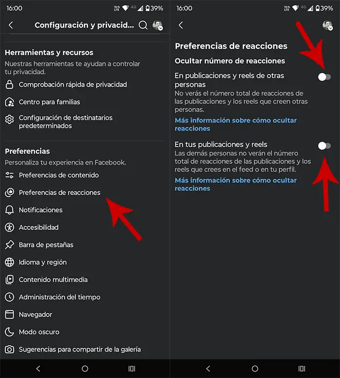 Ocultar reacciones Facebook