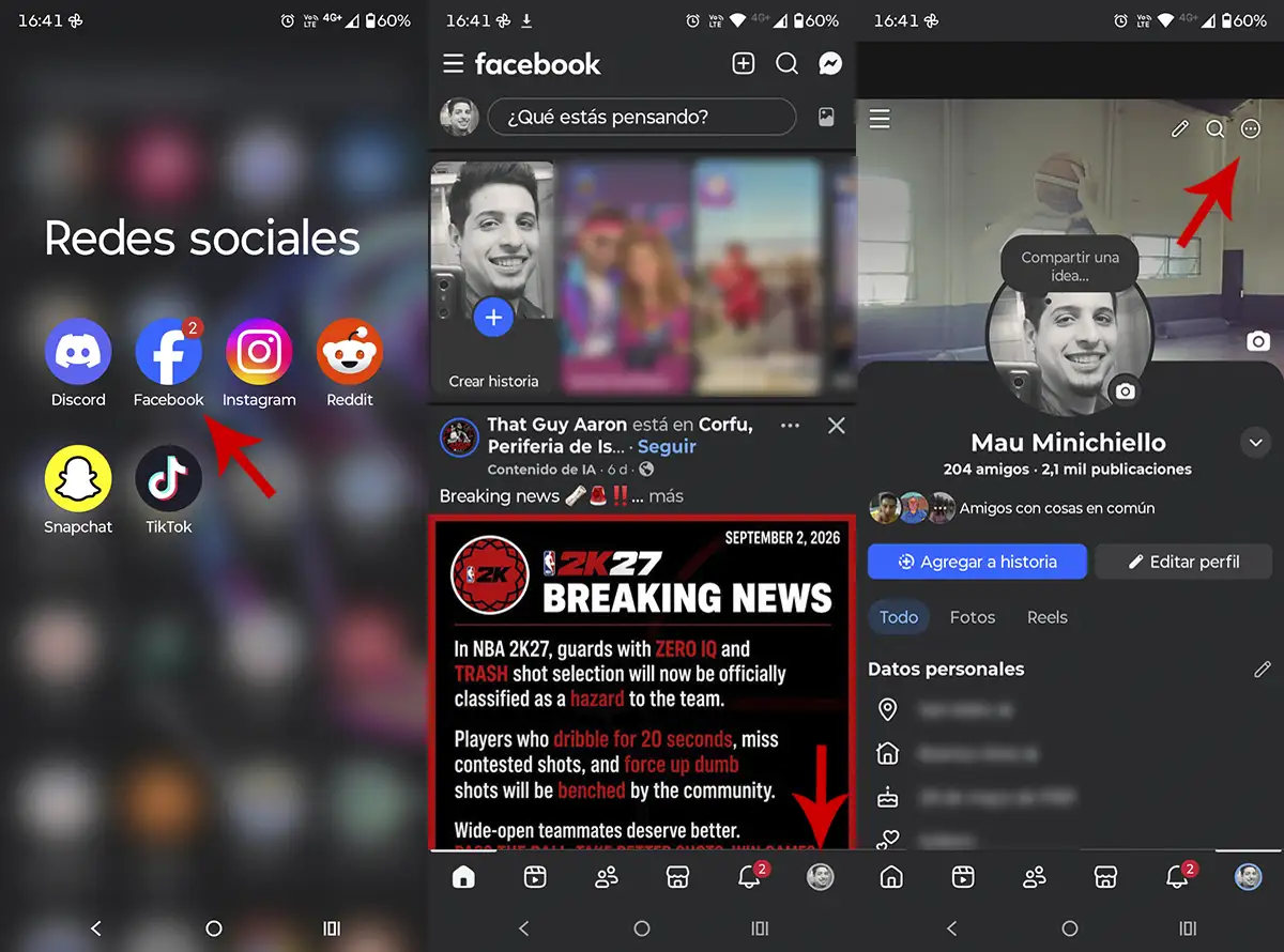 Opciones cuenta de Facebook