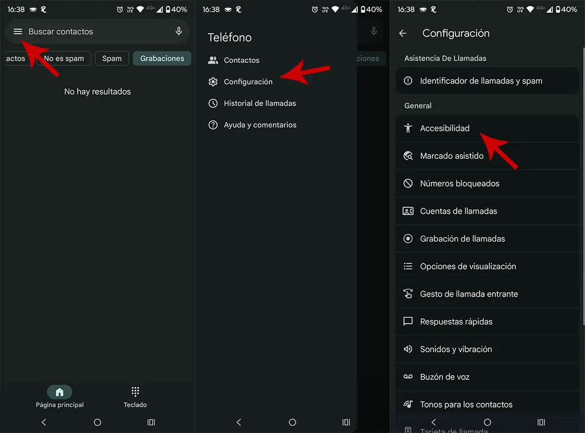 Opciones de accesibilidad en la app Telefono