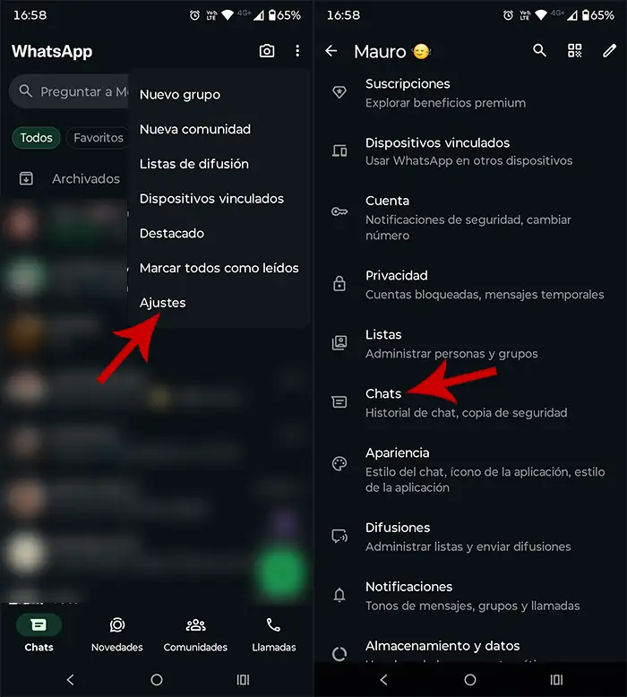 Opciones de chats WhatsApp