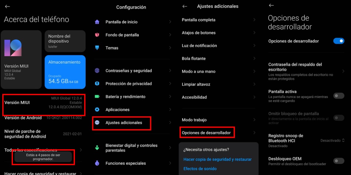 Opciones de desarrollador Xiaomi