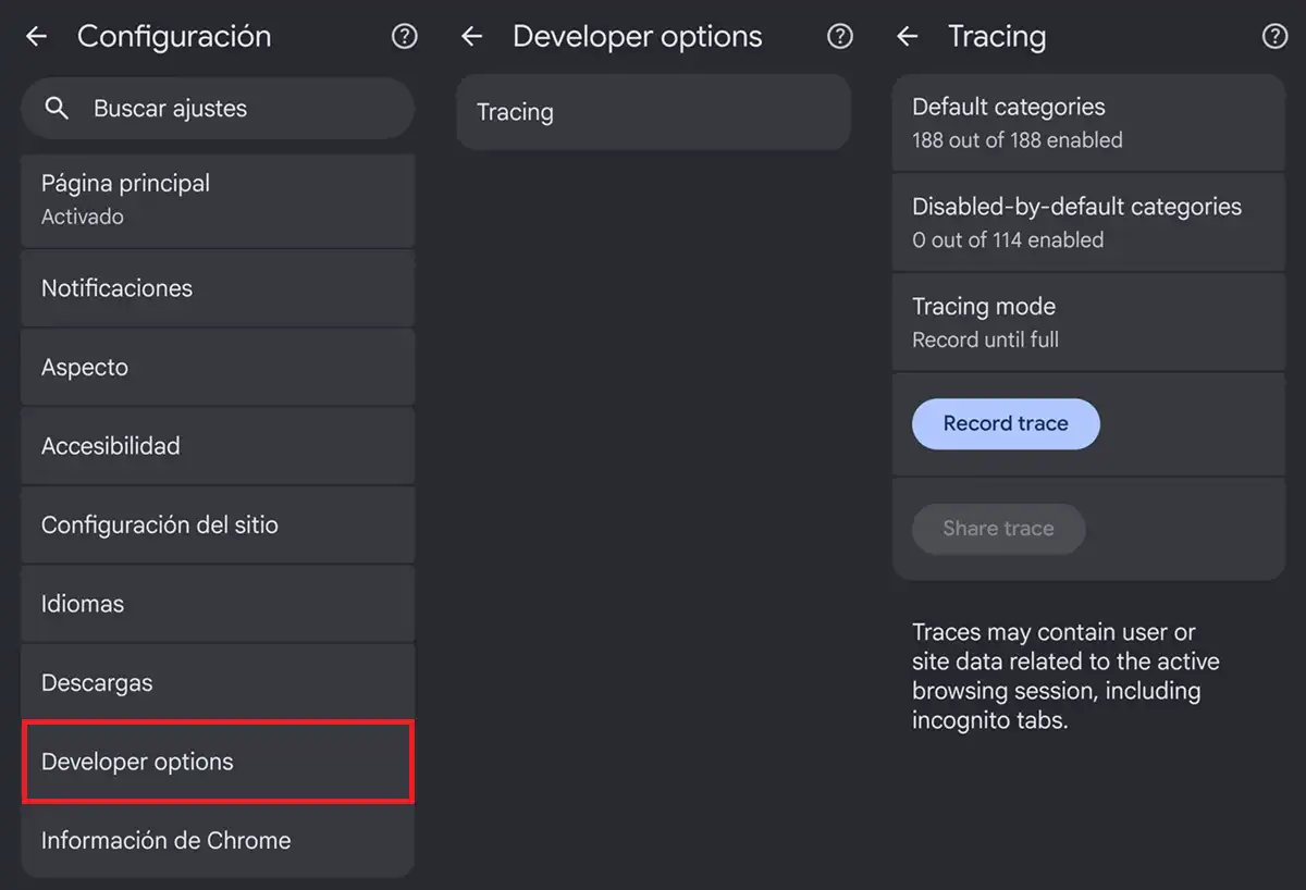 Opciones de desarrollador en Chrome para Android