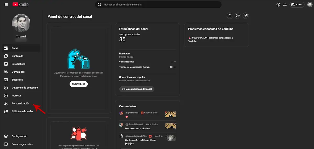 Opciones de personalización del canal YouTube Studio
