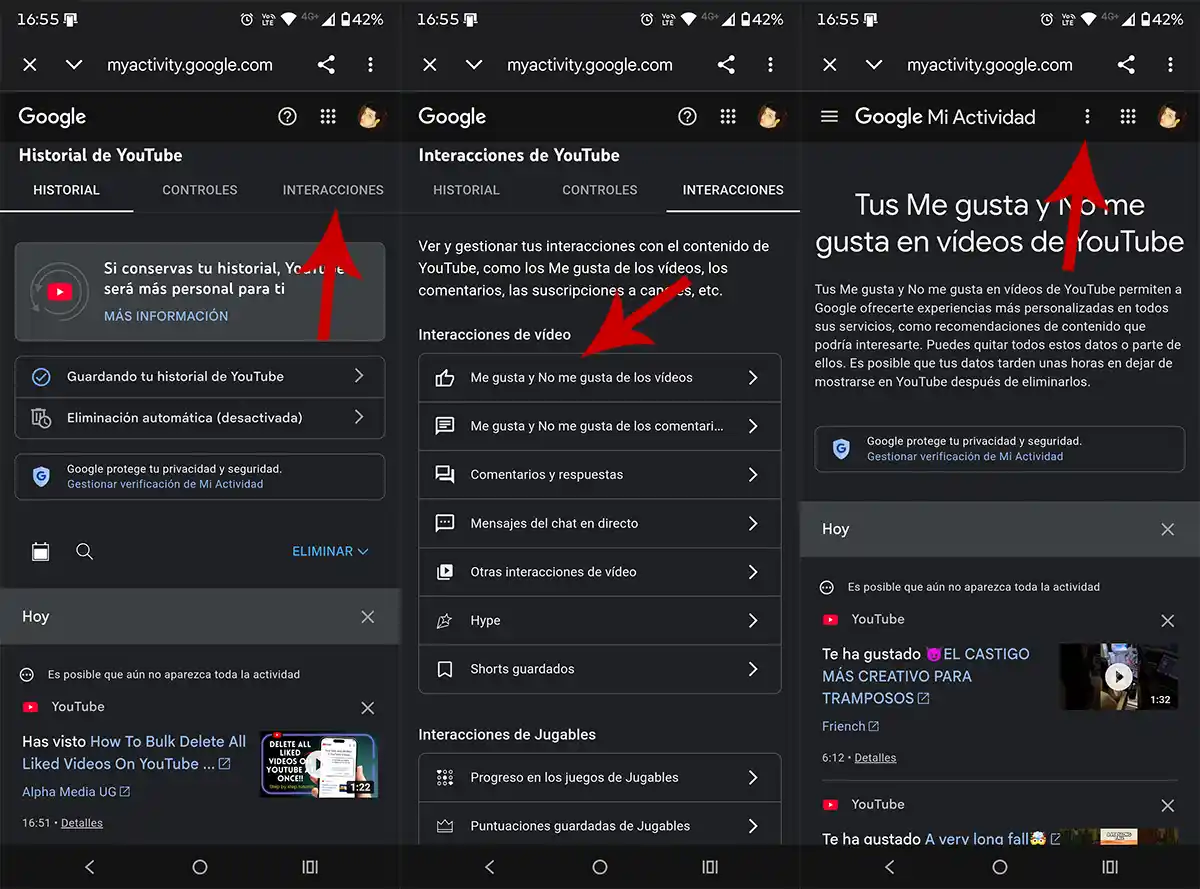 Opciones de videos gustados en YouTube
