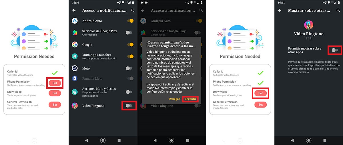 Otorgar permisos app Video Ringtone Android