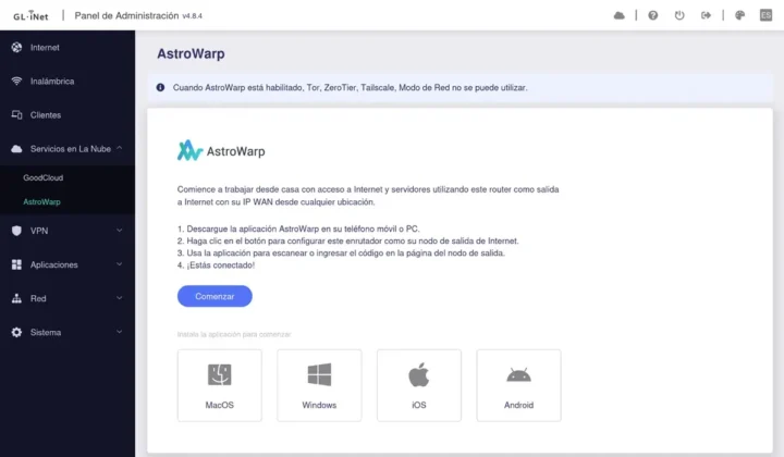 Otra plataforma en la nube que puedes configurar es AstroWarp para controlar el router de manera remota