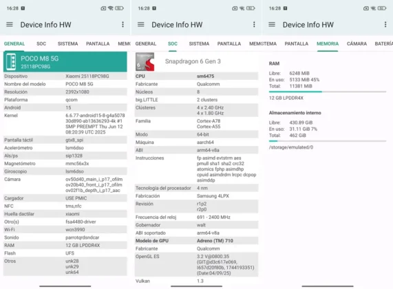 POCO M8 detalles de su procesador y memorias en Device Info HW