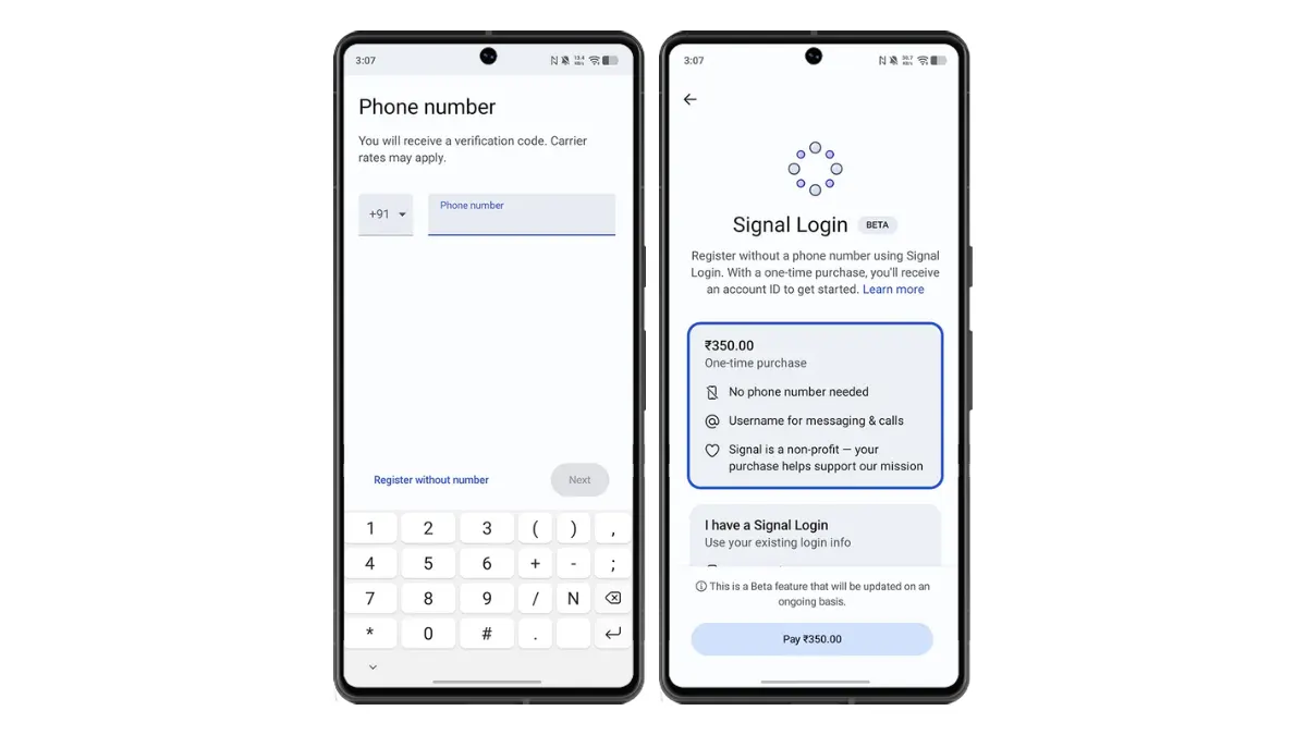 Pantalla de pago registro Signal sin numero de telefono
