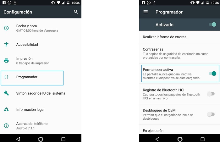 Paso b habilitar pantalla siempre activa cuando el teléfono está cargando