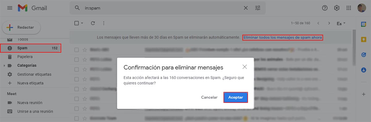 Pasos para borrar los correos de la carpeta de Spam