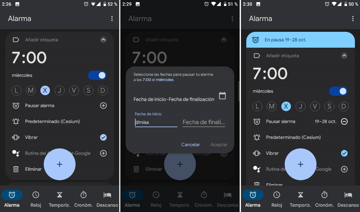 Pausar alarma en android