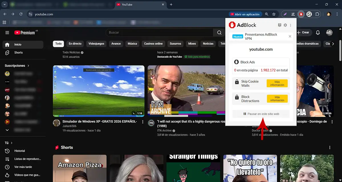 Pausar bloqueador de anuncios en sitio web