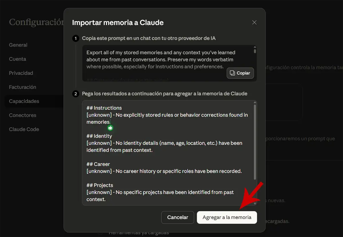Pegar prompt en Claude y agregar a la memoria