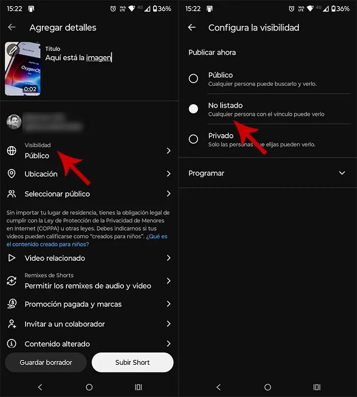 Poner Short como No listado