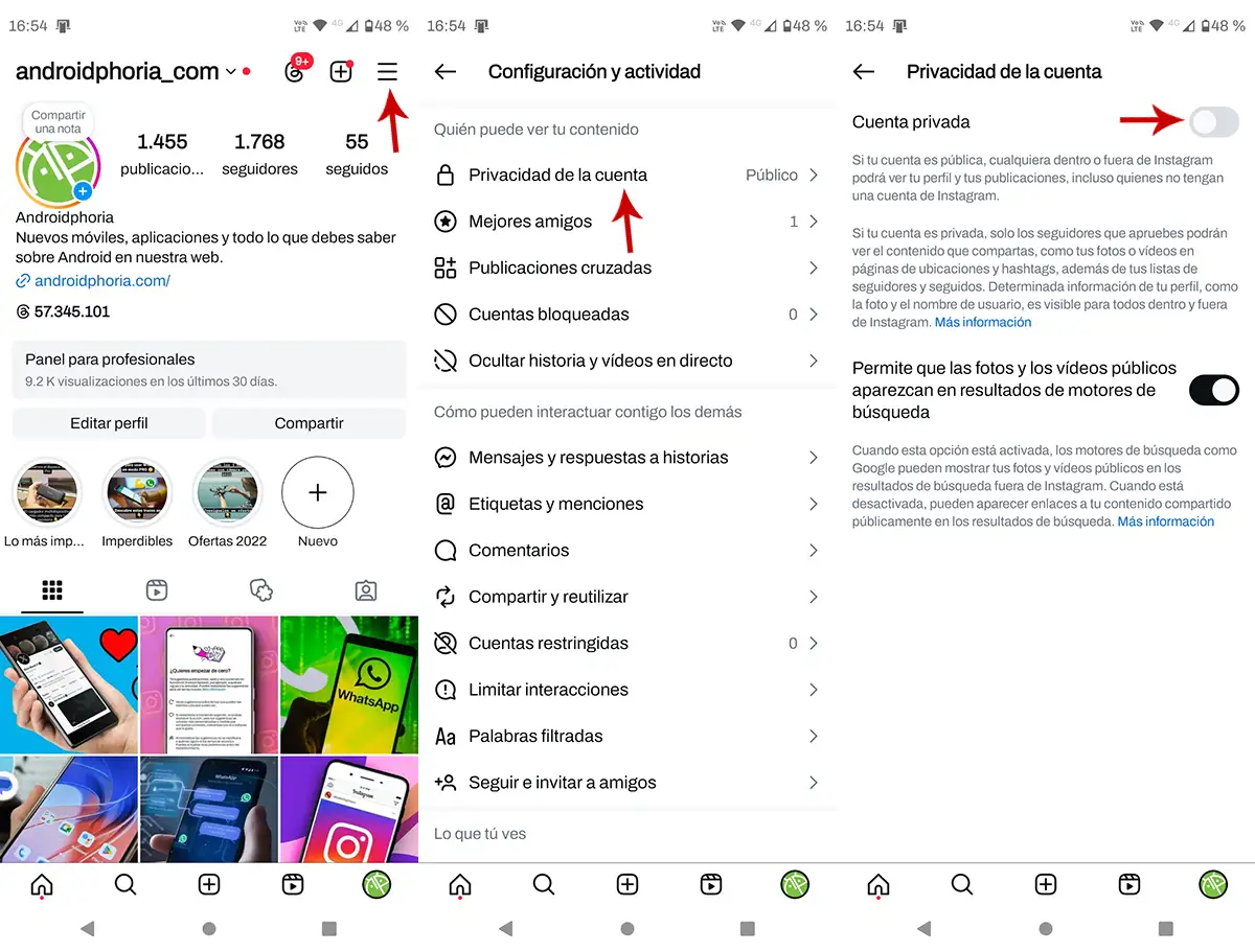 Poner cuenta de Instagram privada