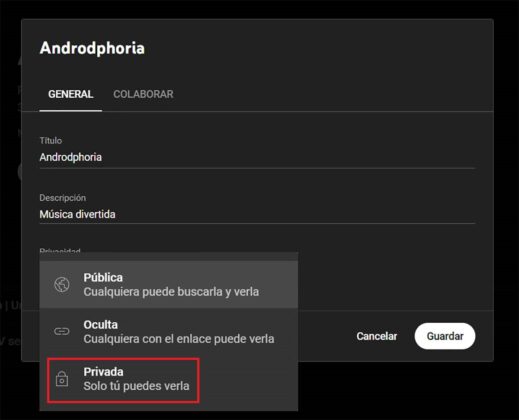 Poner playlist privada en YouTube Music