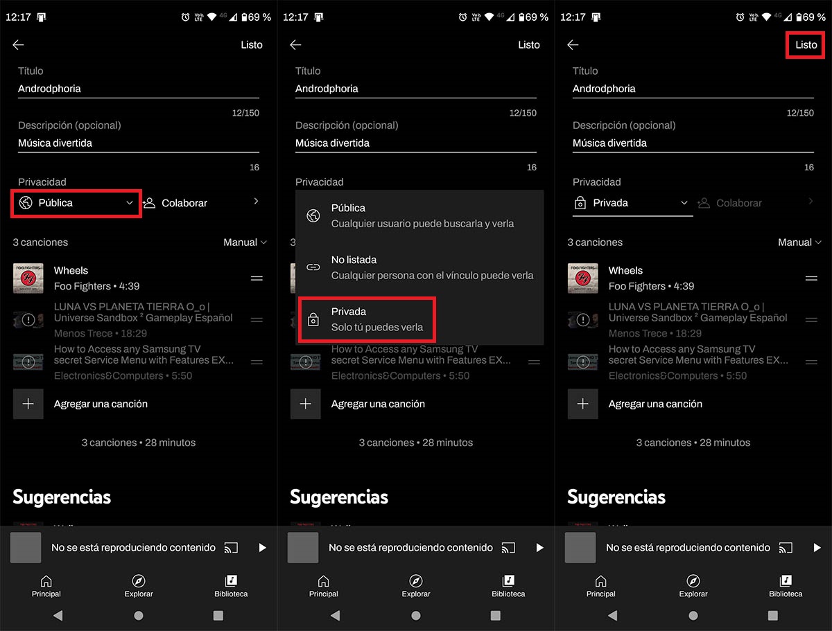 Poner privada playlist en YouTube Music
