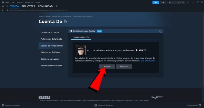 Presiona en Aceptar la invitacion al grupo familiar de Steam