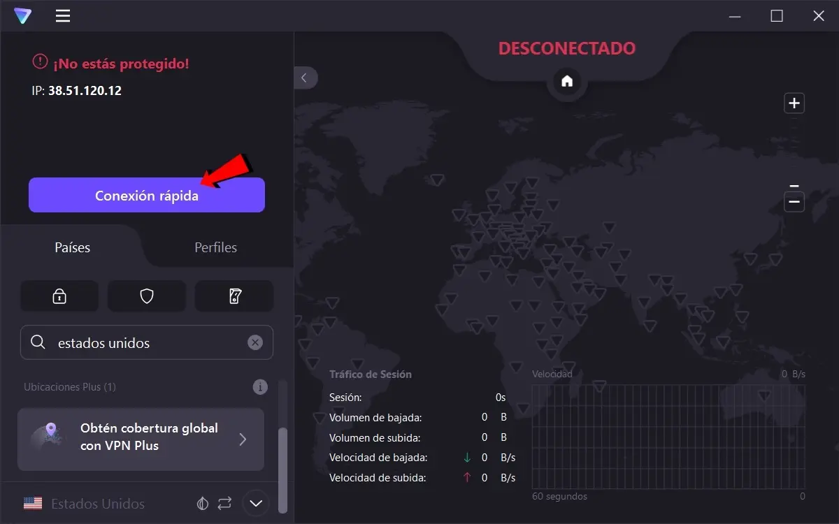 Presiona en Conexion rapida para conectarte a una VPN de Estados Unidos